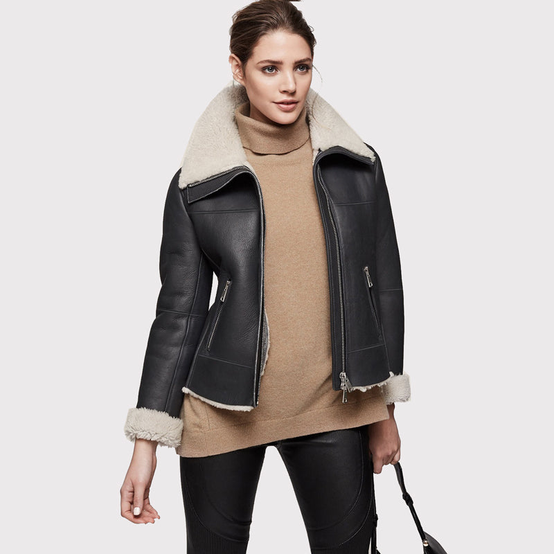 Women's Black Aviator Shearling Jacket - AMSEL LEATHERS