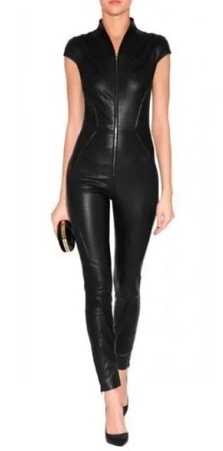 Women's Black Bodycon Leather Jumpsuit - AMSEL LEATHERS