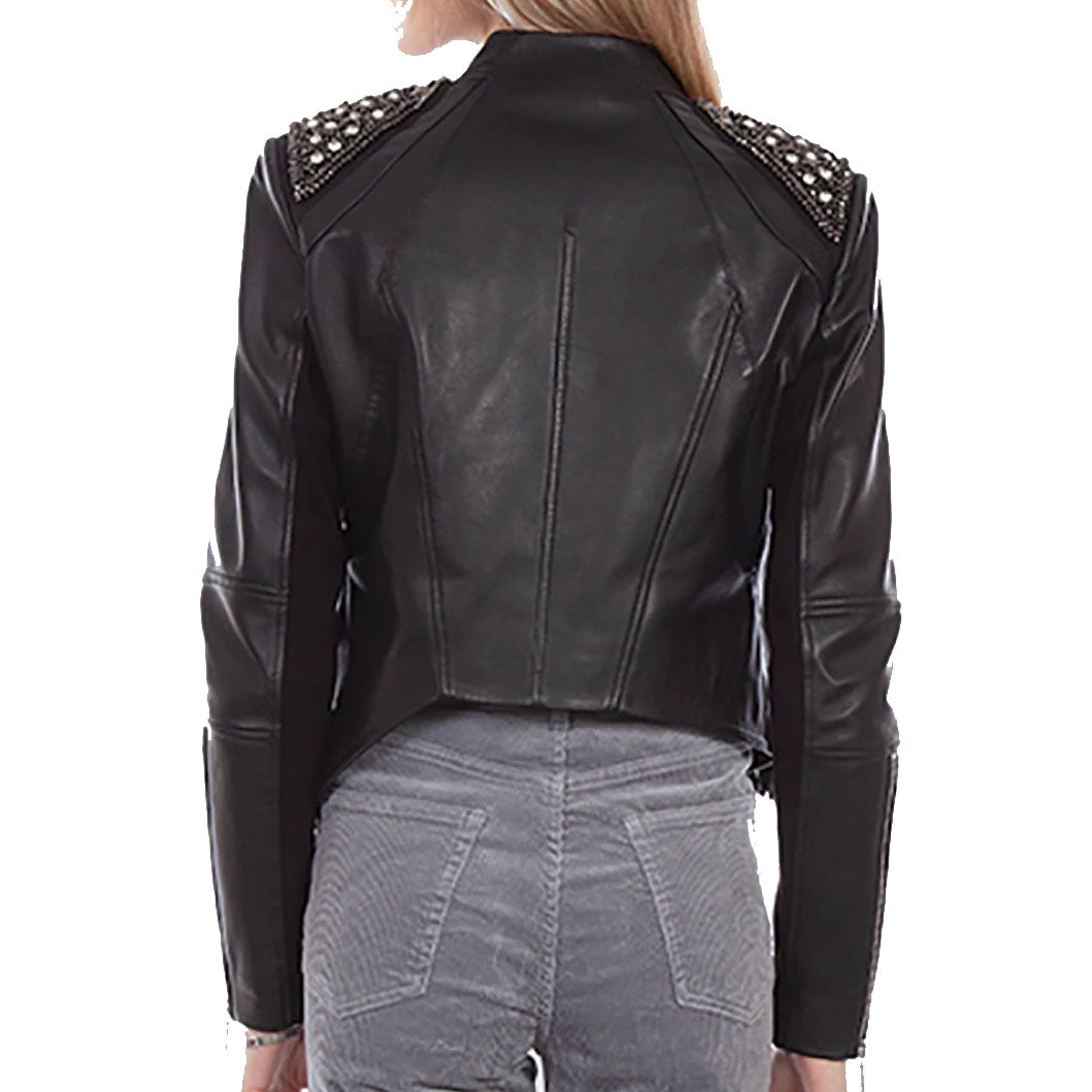 Women's Black Lamb Leather Fringe Studded Jacket - AMSEL LEATHERS