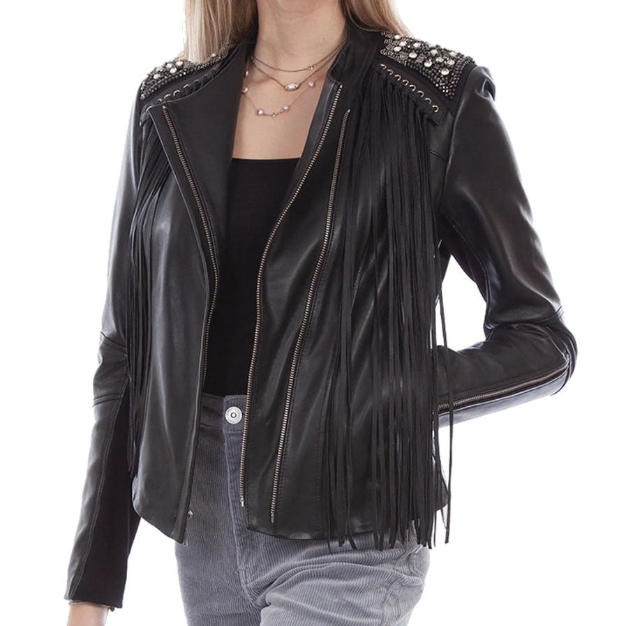 Women's Black Lamb Leather Fringe Studded Jacket - AMSEL LEATHERS