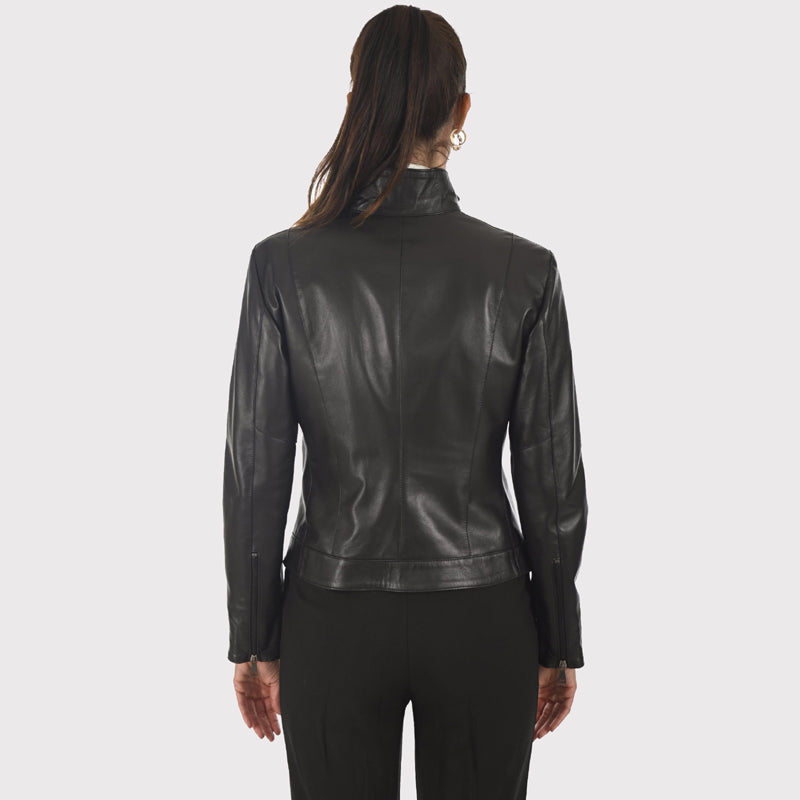 Women's Black Lambskin Biker Style Jacket - AMSEL LEATHERS