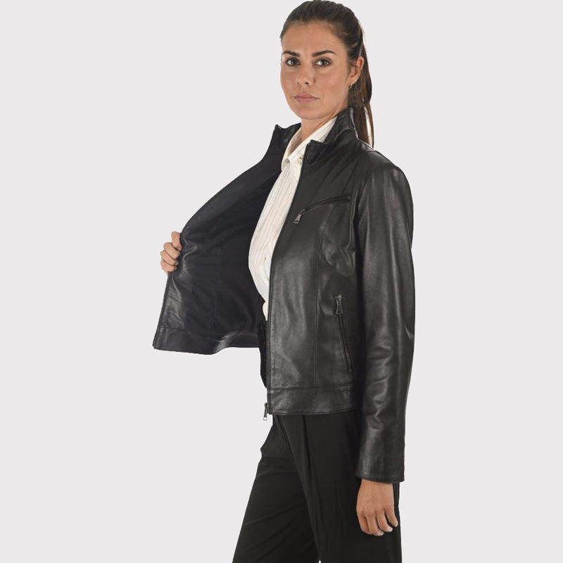 Women's Black Lambskin Biker Style Jacket - AMSEL LEATHERS