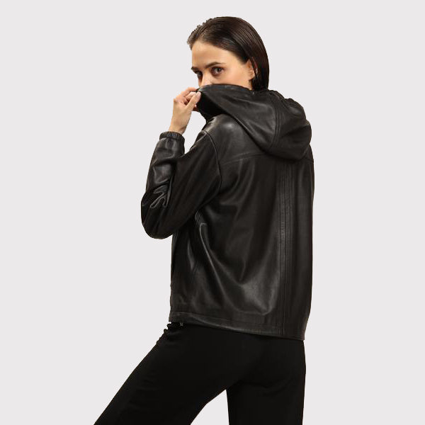 Women's Black Lambskin Leather Jacket with Detachable Hood - AMSEL LEATHERS