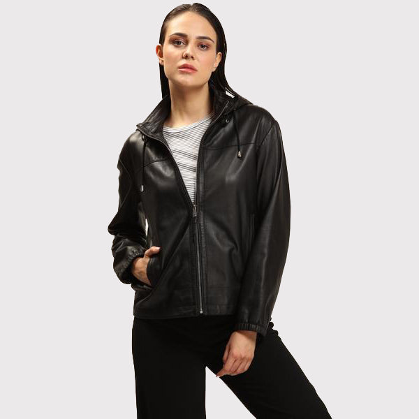 Women's Black Lambskin Leather Jacket with Detachable Hood - AMSEL LEATHERS