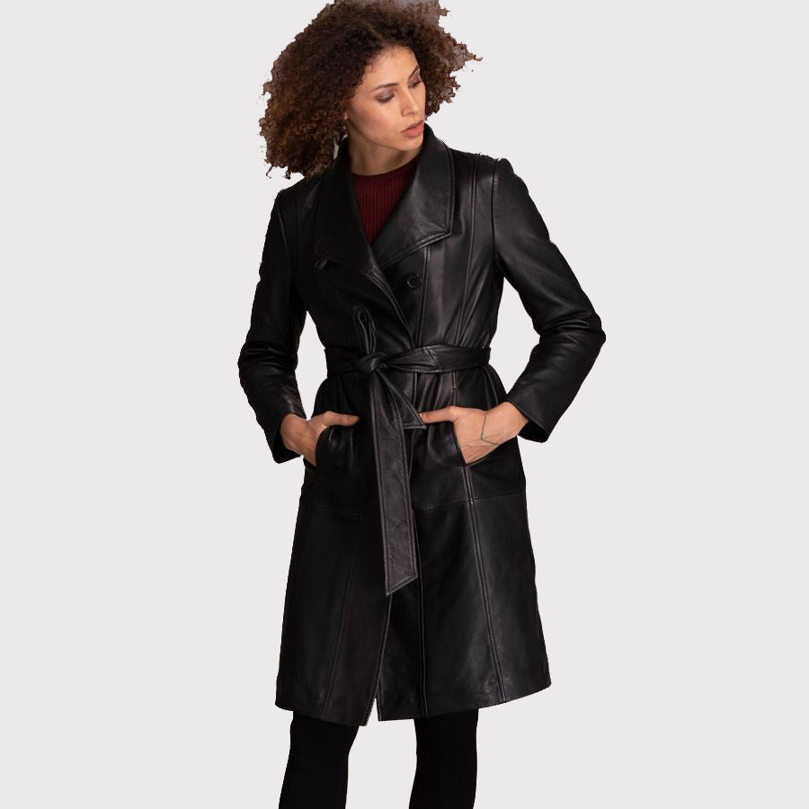 Women's Black Lambskin Leather Coat with Feminine Style - AMSEL LEATHERS