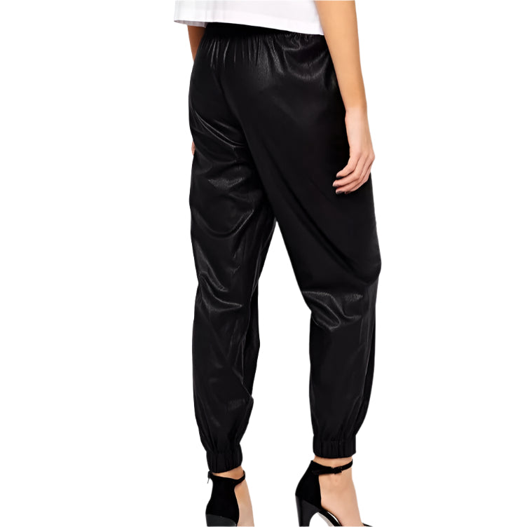 Women's Black Lambskin Leather Joggers with Lace-Up Detail - AMSEL LEATHERS