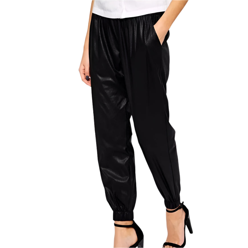 Women's Black Lambskin Leather Joggers with Lace-Up Detail - AMSEL LEATHERS