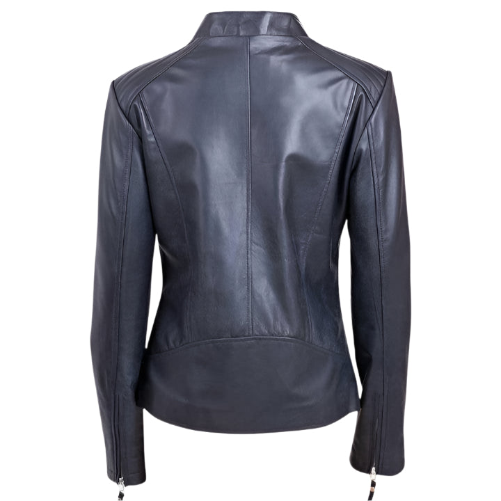 New Design Women's Black Leather Biker Jacket with Zipper and Lapel Collar - AMSEL LEATHERS