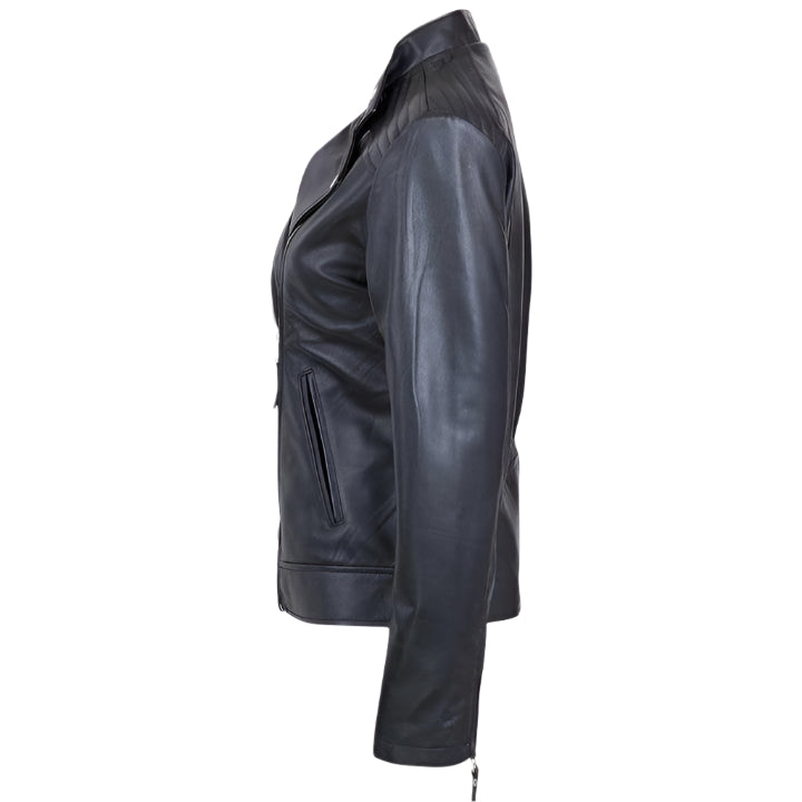 New Design Women's Black Leather Biker Jacket with Zipper and Lapel Collar - AMSEL LEATHERS