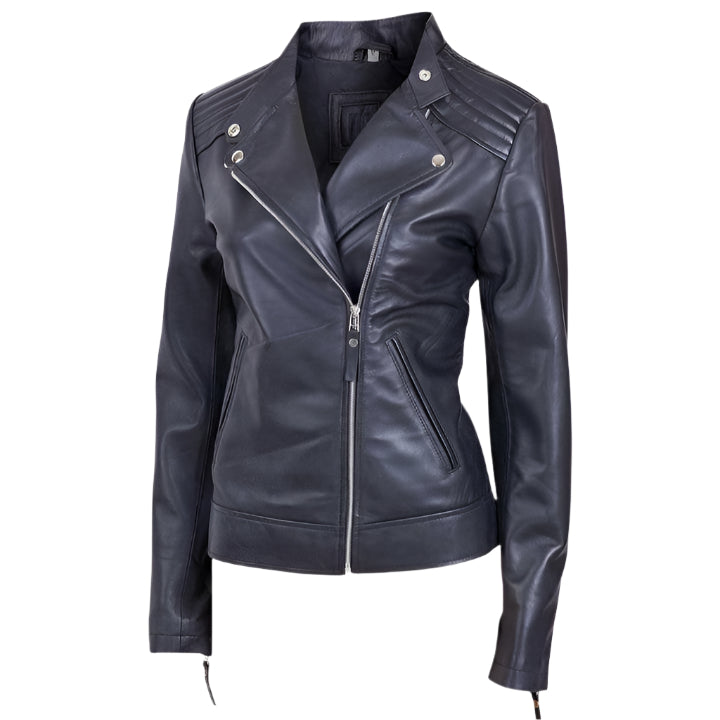 New Design Women's Black Leather Biker Jacket with Zipper and Lapel Collar - AMSEL LEATHERS