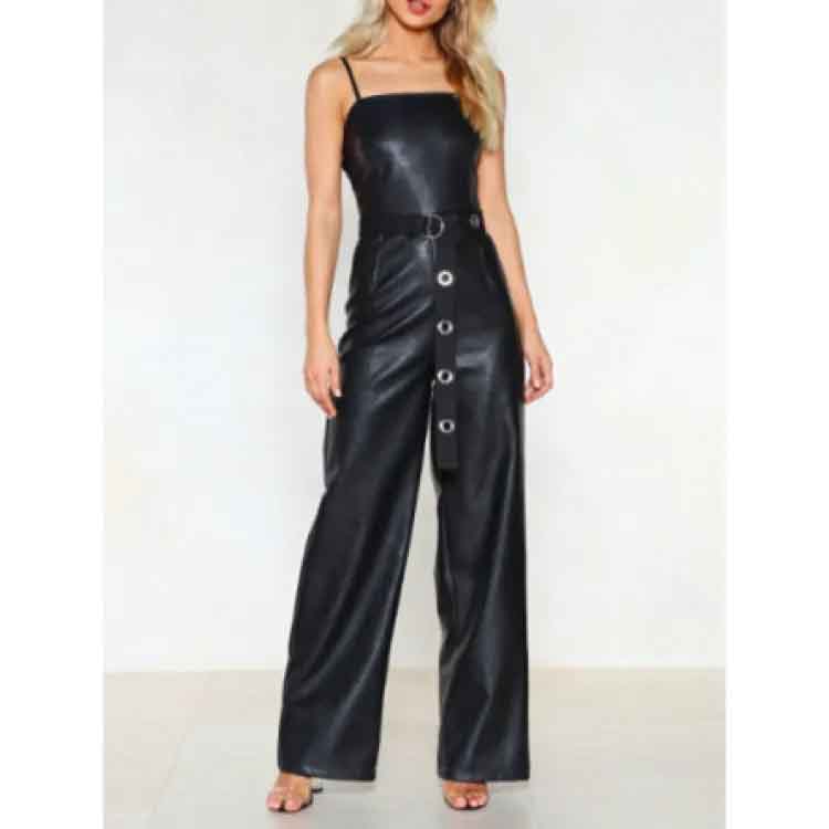 Women's Black Leather Full Length Jumpsuit - Bold and Timeless - AMSEL LEATHERS