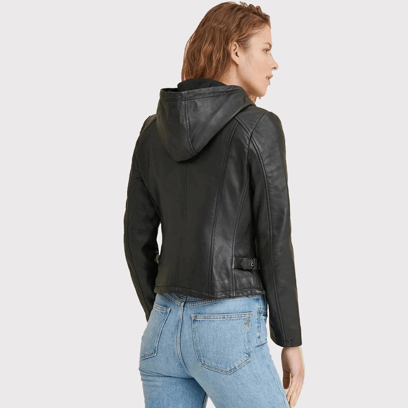 Women's Black Leather Hooded Biker Jacket - AMSEL LEATHERS