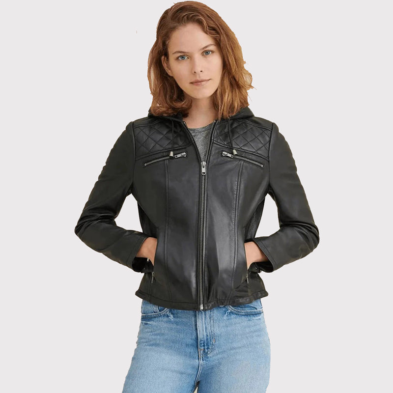 Women's Black Leather Hooded Biker Jacket - AMSEL LEATHERS