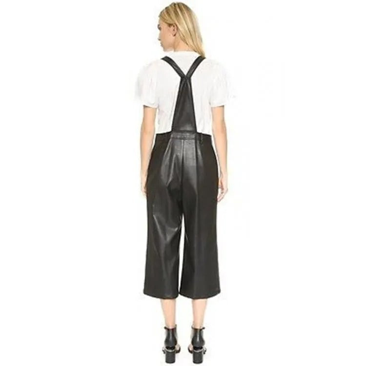 Women's Black Leather Overall Jumpsuit - Sleek and Versatile - AMSEL LEATHERS