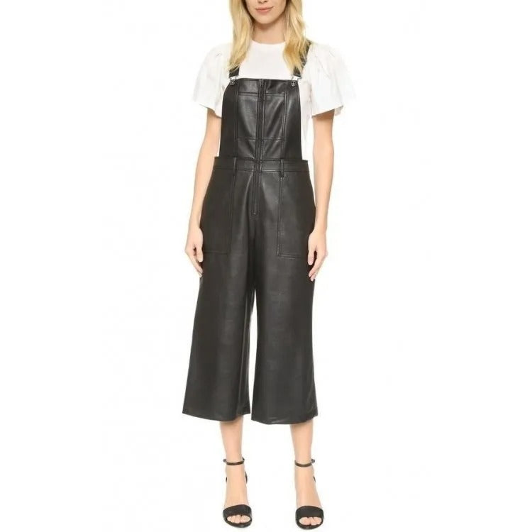 Women's Black Leather Overall Jumpsuit - Sleek and Versatile - AMSEL LEATHERS