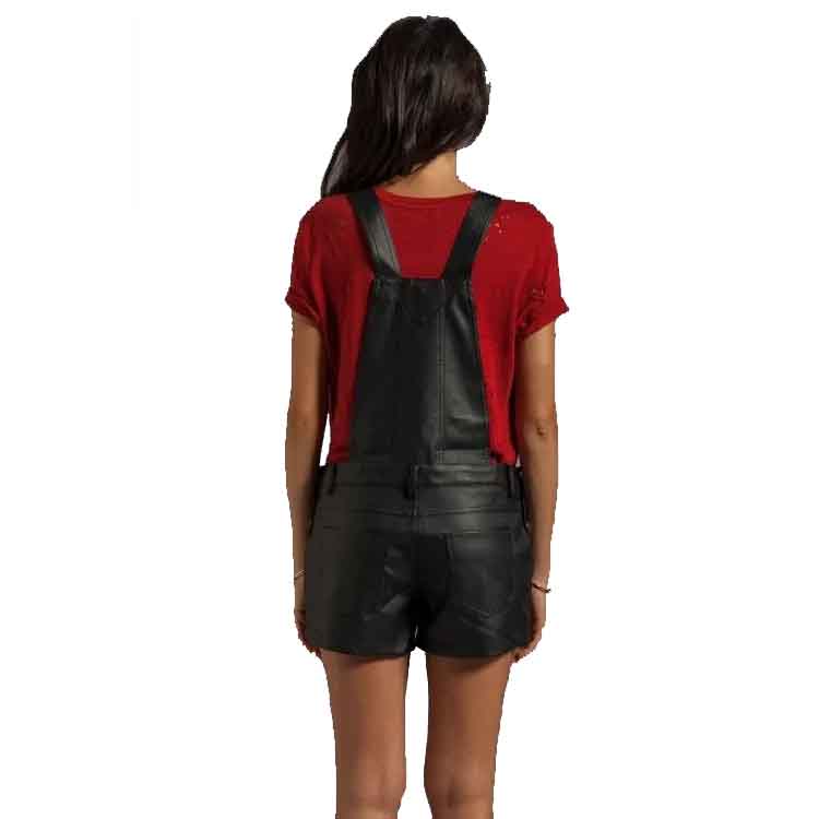 Women's Black Leather Overalls One Piece Short Romper - Edgy and Comfortable - AMSEL LEATHERS