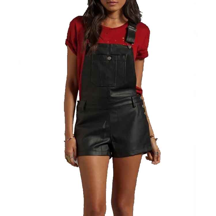 Women's Black Leather Overalls One Piece Short Romper - Edgy and Comfortable - AMSEL LEATHERS