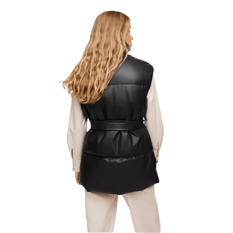 Women’s Black Leather Puffer Vest - AMSEL LEATHERS