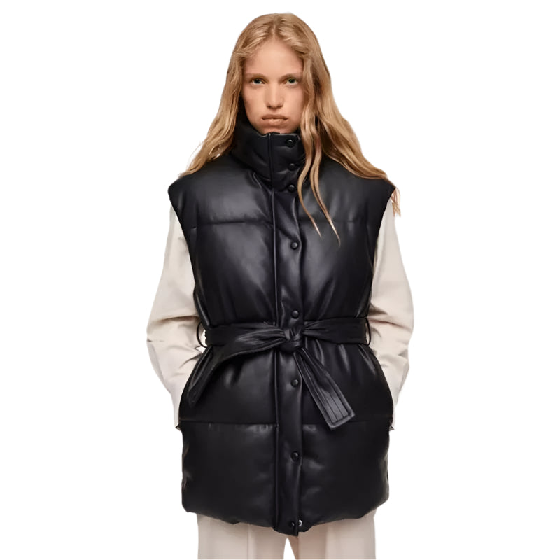 Women’s Black Leather Puffer Vest - AMSEL LEATHERS