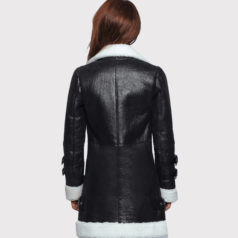 Women's Black Leather Long Coat with White Shearling - AMSEL LEATHERS