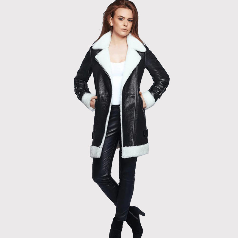 Women's Black Leather Long Coat with White Shearling - AMSEL LEATHERS