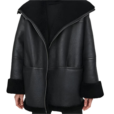 Women's Black Oversized Shearling Leather Jacket - AMSEL LEATHERS