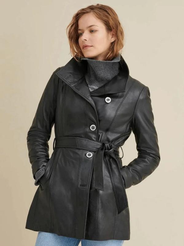 Women's Black Plain Leather Coat - AMSEL LEATHERS