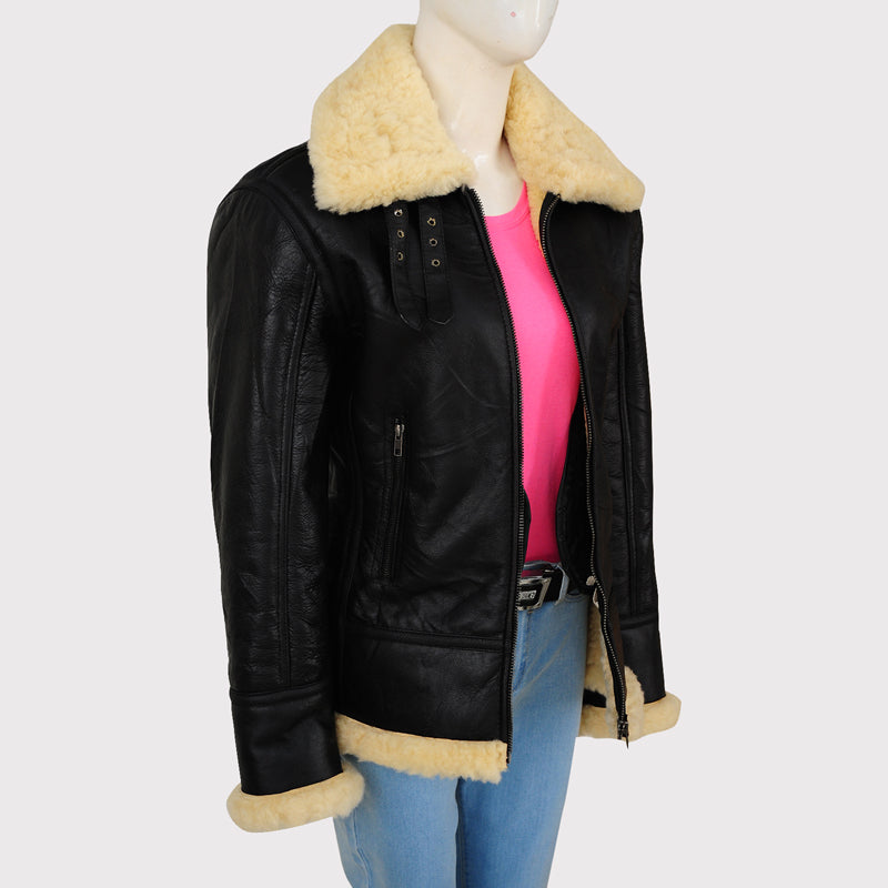 Women's Black Shearling B3 Bomber Jacket - AMSEL LEATHERS