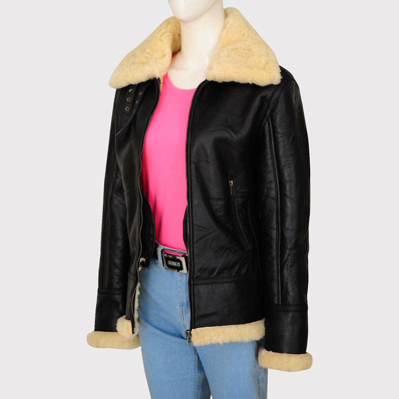 Women's Black Shearling B3 Bomber Jacket - AMSEL LEATHERS