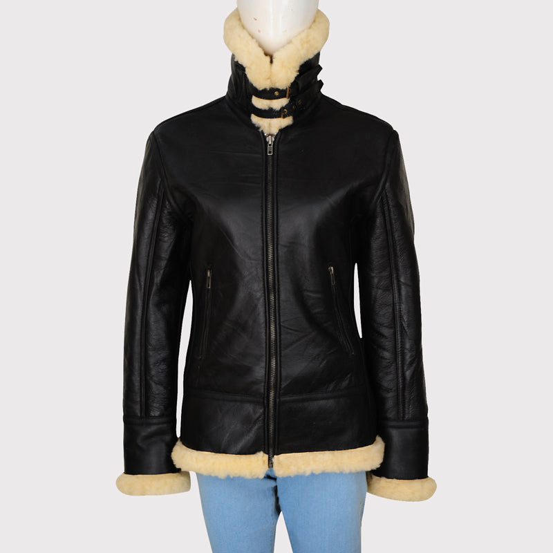 Women's Black Shearling B3 Bomber Jacket - AMSEL LEATHERS