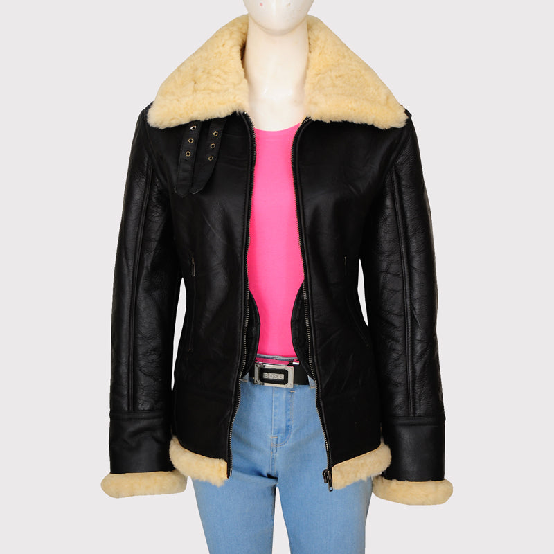 Women's Black Shearling B3 Bomber Jacket - AMSEL LEATHERS