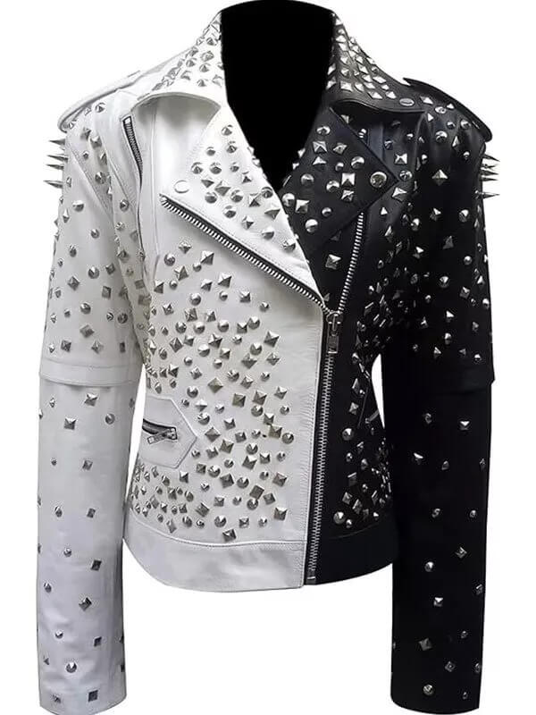 Women's Black and Silver Spiked Studded Biker Leather Jacket - AMSEL LEATHERS