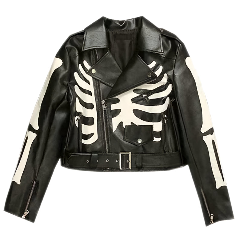 Women's Black Skeleton Leather Biker Jacket - AMSEL LEATHERS