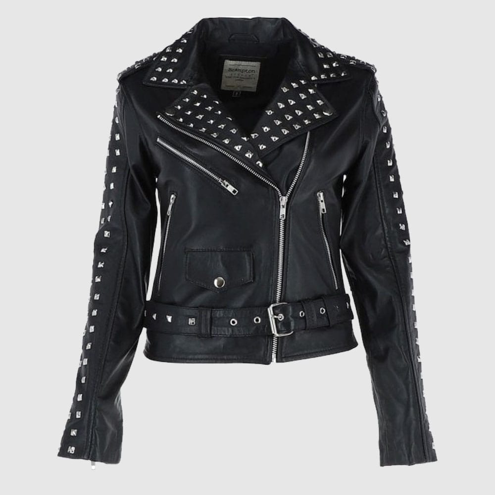 Rock the Edge: Black Studded Leather Biker Jacket for Women - AMSEL LEATHERS