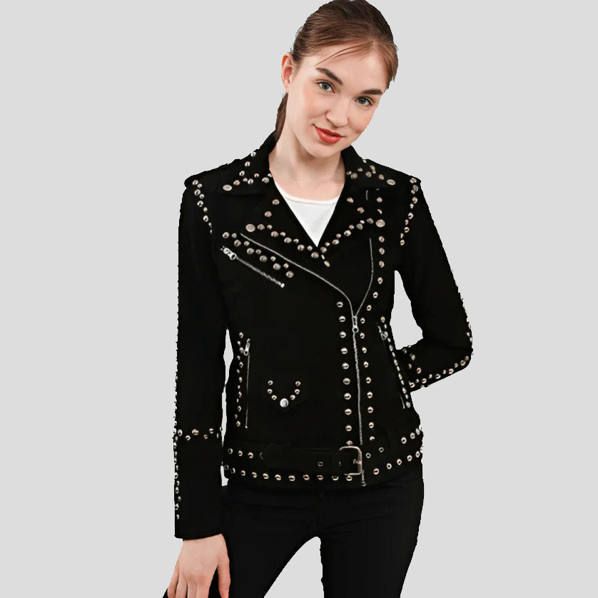 Women's Black Studded Suede Leather Biker Jacket - AMSEL LEATHERS