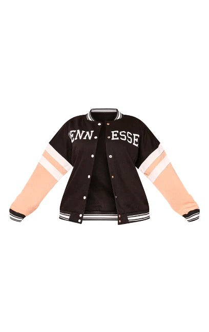 Women's Black Varsity Bomber Leather Jacket with Pink Sleeves - AMSEL LEATHERS