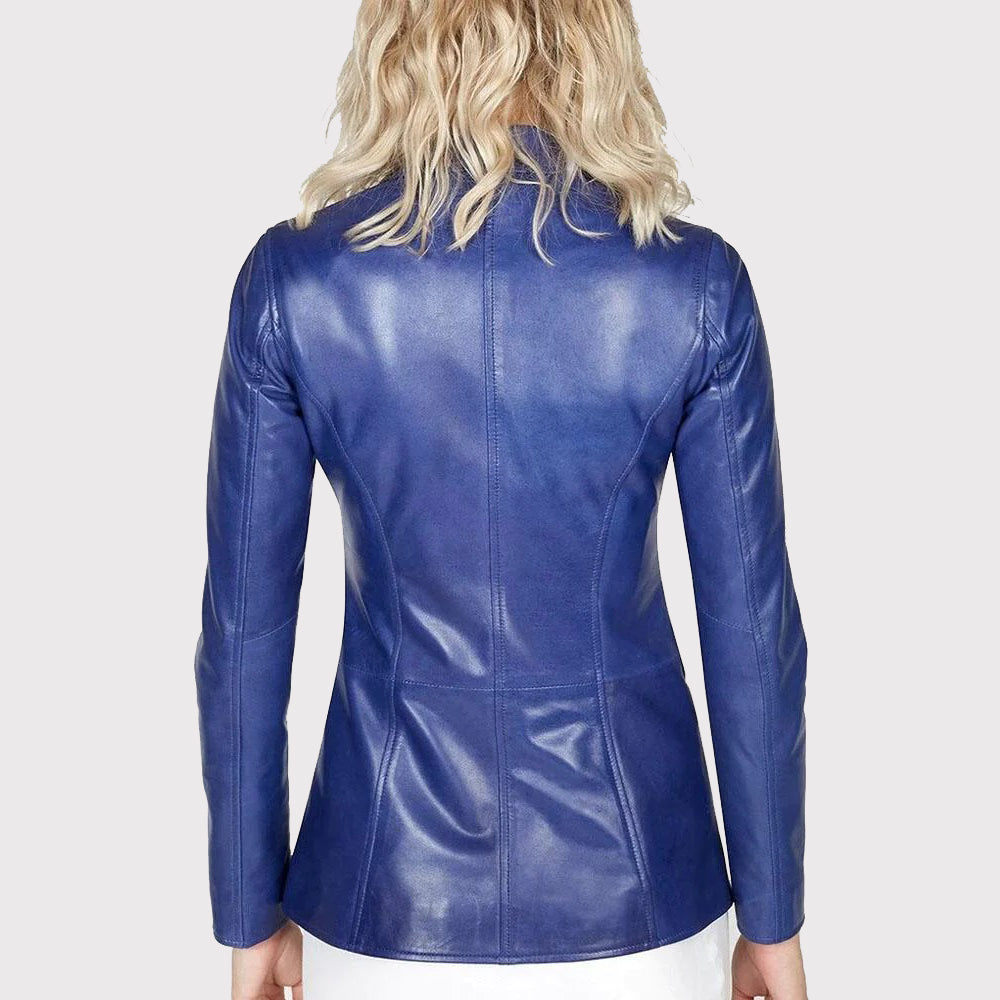 Women's Blue Leather Blazer Jacket - AMSEL LEATHERS