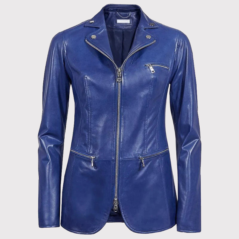 Women's Blue Leather Blazer Jacket - AMSEL LEATHERS