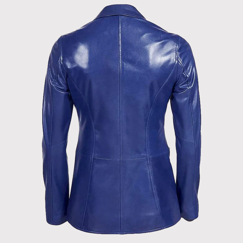 Women's Blue Leather Blazer Jacket - AMSEL LEATHERS