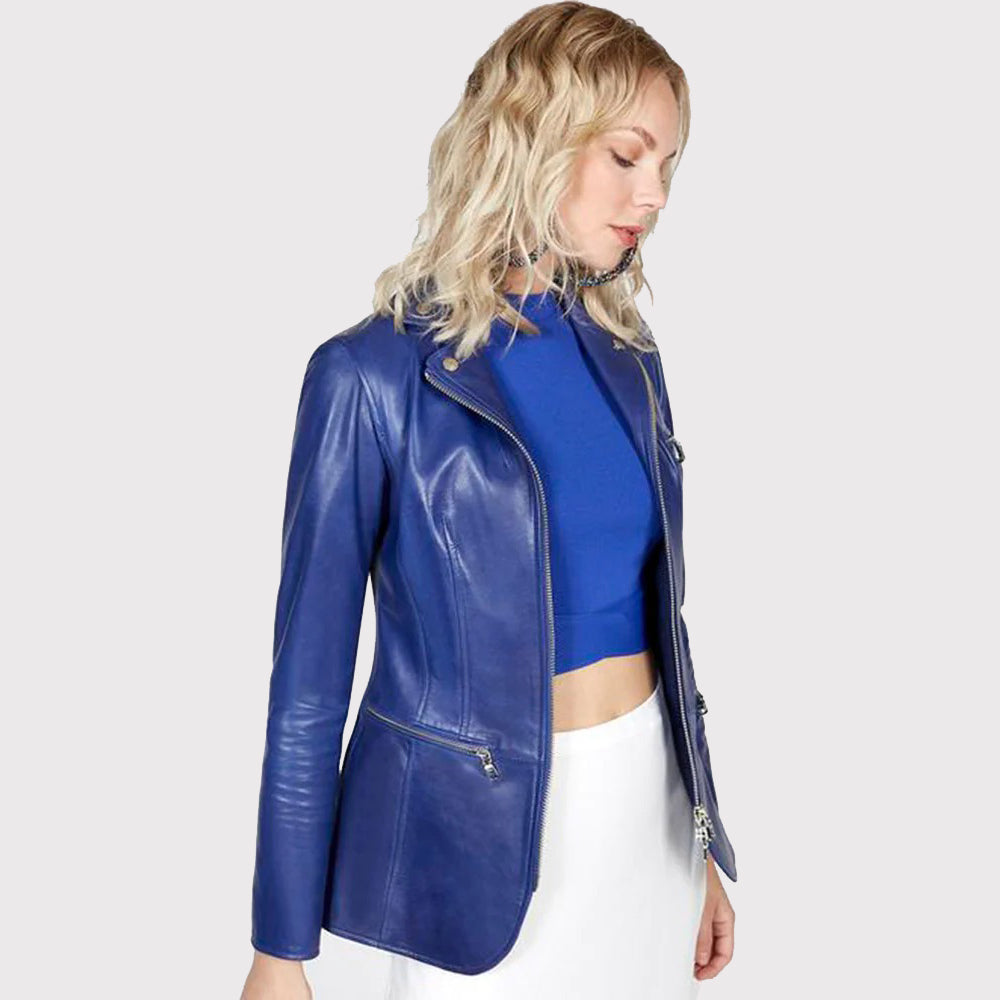 Women's Blue Leather Blazer Jacket - AMSEL LEATHERS