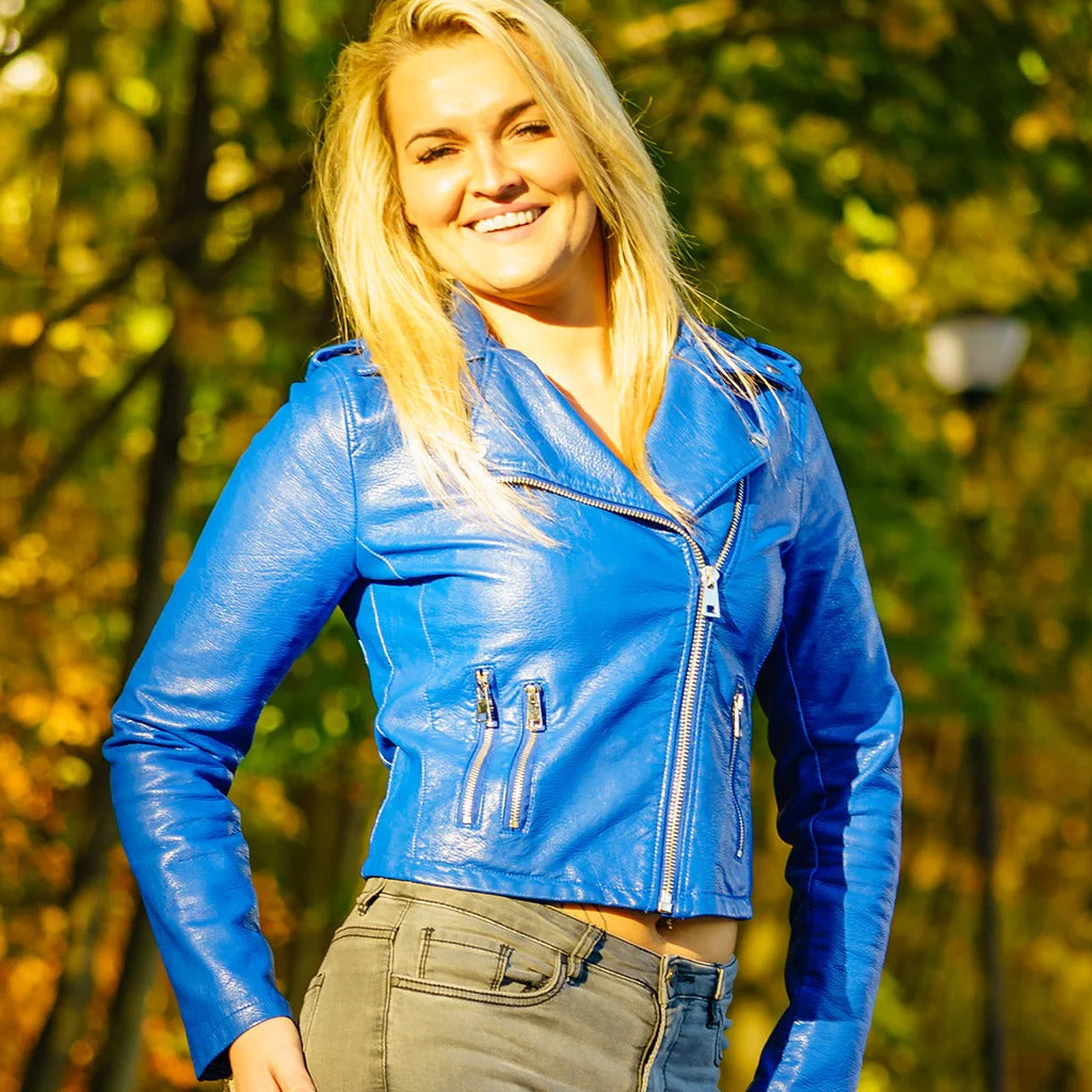 Women's Blue Leather Cropped Biker Jacket - AMSEL LEATHERS