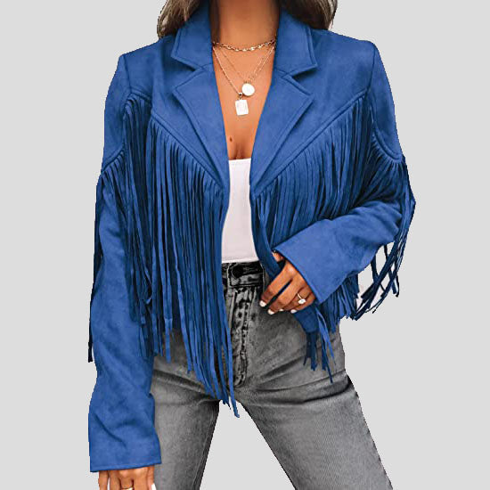 Women's Blue Suede Tassel Lapel Cropped Motorcycle Jacket - AMSEL LEATHERS