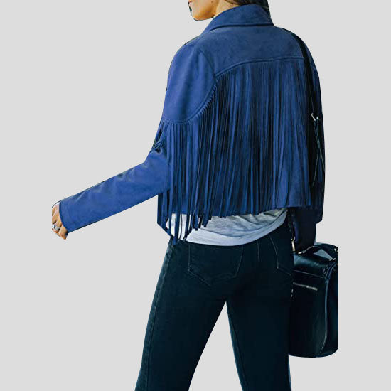 Women's Blue Suede Tassel Lapel Cropped Motorcycle Jacket - AMSEL LEATHERS