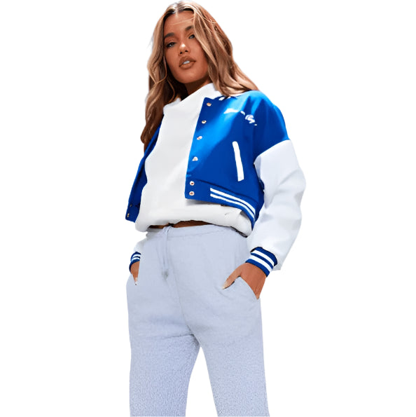 Women's Blue Varsity Leather Bomber Jacket - AMSEL LEATHERS