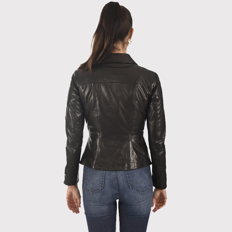 Women's Bright Black Lambskin Leather Jacket - AMSEL LEATHERS