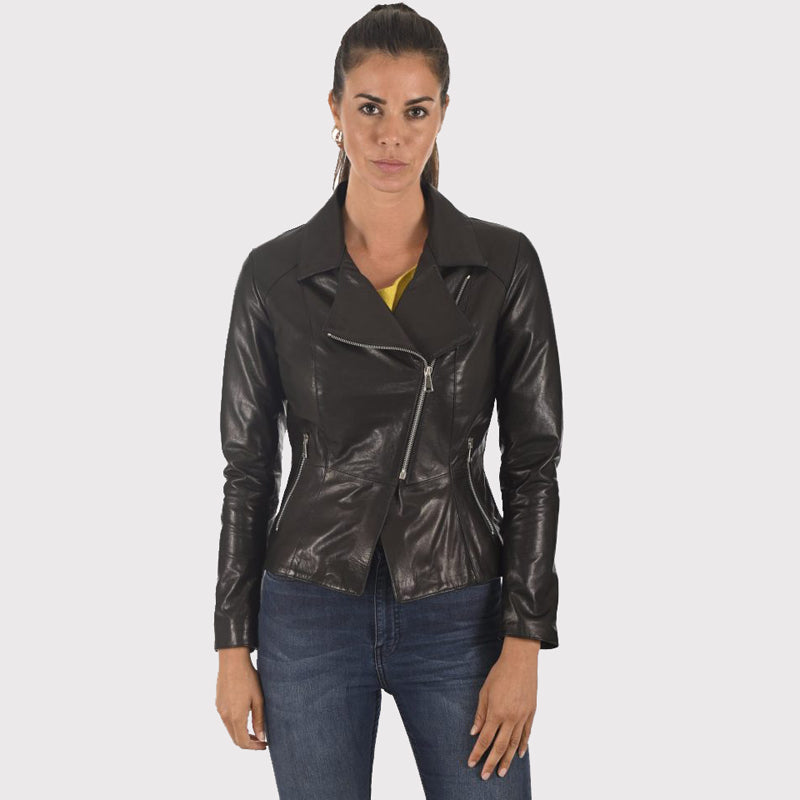 Women's Bright Black Lambskin Leather Jacket - AMSEL LEATHERS