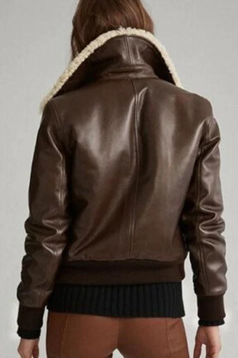 Women's Brown Aviator Sherpa Leather Jacket - AMSEL LEATHERS