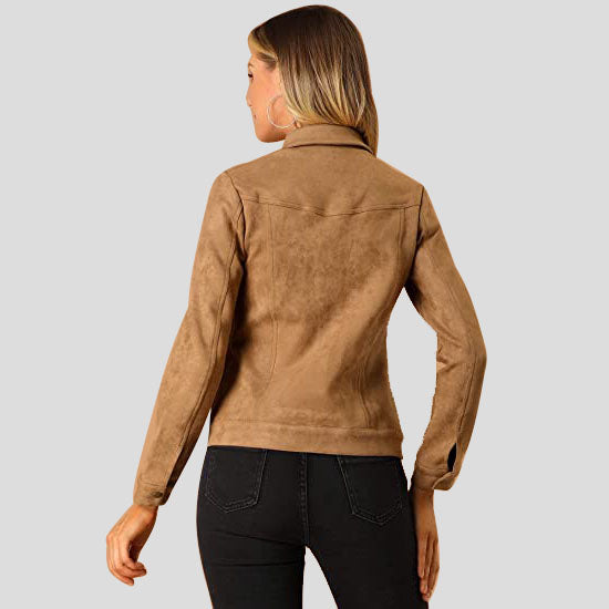 Women's Brown Button Suede Leather Jacket - AMSEL LEATHERS