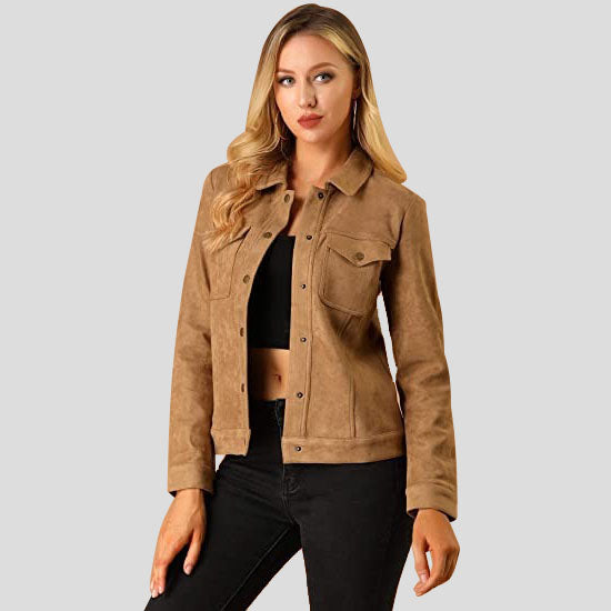 Women's Brown Button Suede Leather Jacket - AMSEL LEATHERS