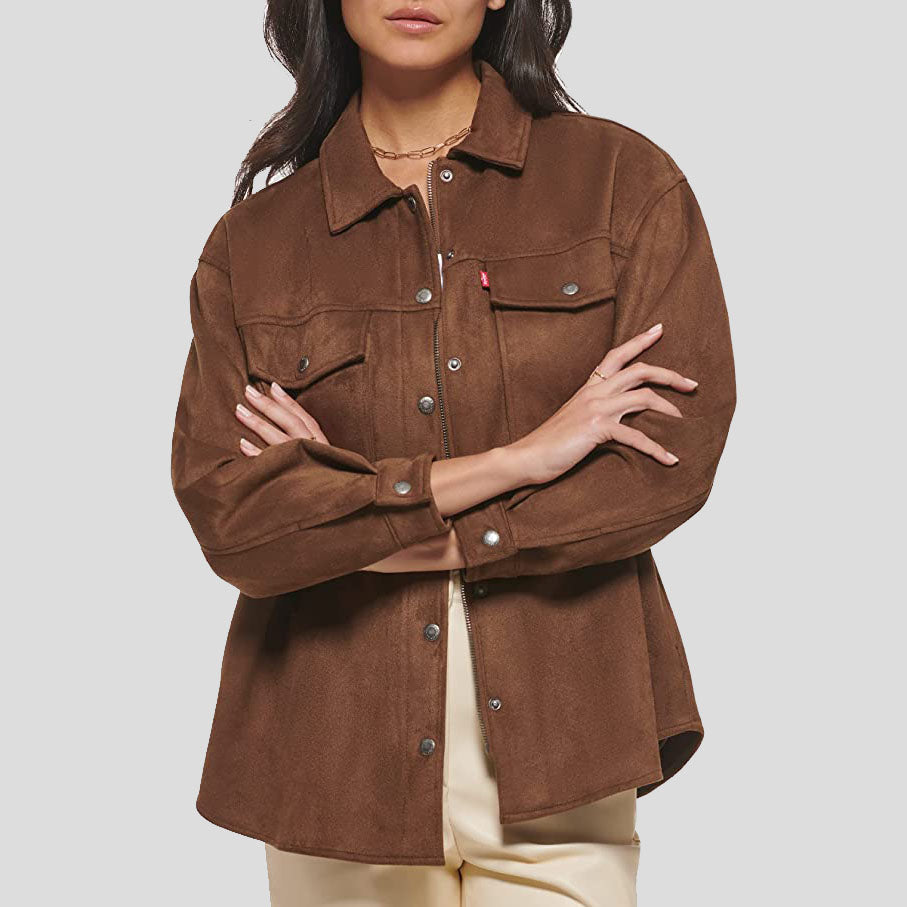 Women's Brown Carafe Soft Suede Leather Shirt Jacket - AMSEL LEATHERS